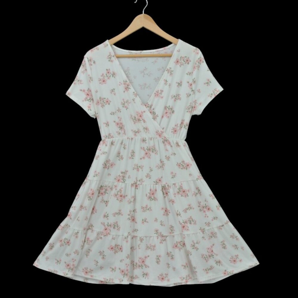 No Boundaries Floral Wrap Tiered Mini‎ Dress White Pink Size L